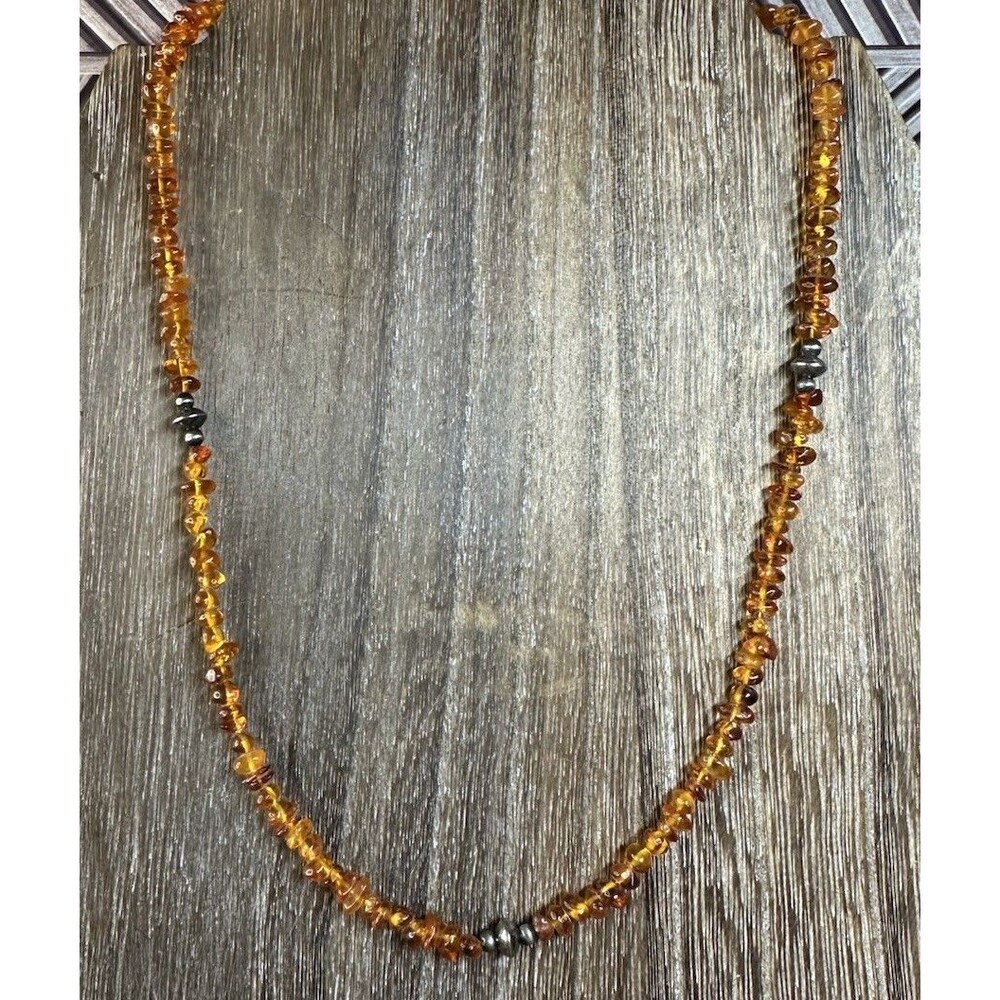 Southwest Sterling Silver Amber Chips & 3&5MM Desert Pearl/Saucers Necklace 17”